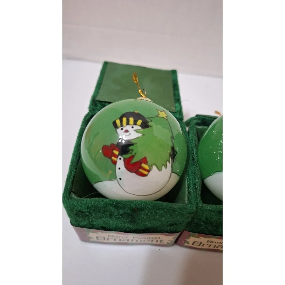 Lot of 2 Vintage Hand Painted Glass Ball Holiday Christmas Ornament Snowman Tree